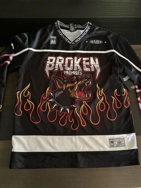 Broken Promises Men’s Black Graphic Hockey Jersey - Flames & Wolf